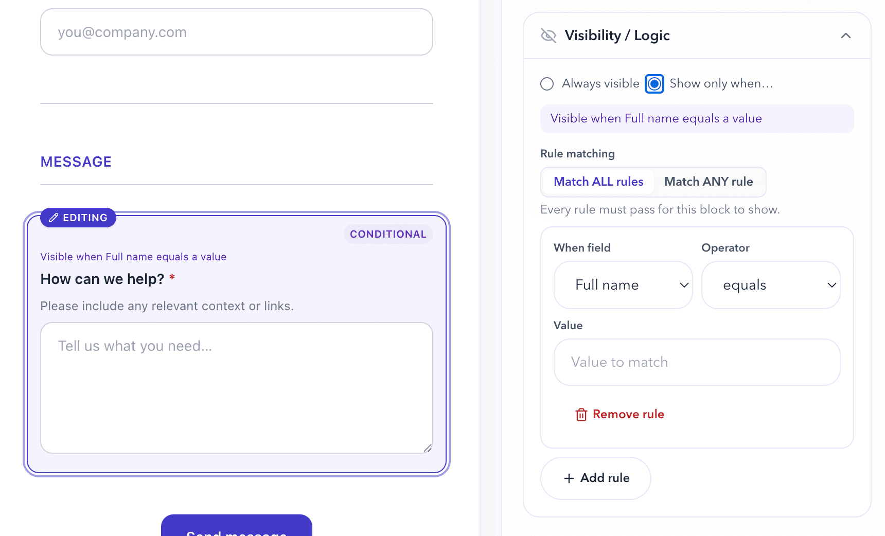 Conditional visibility rules in the field inspector with live preview